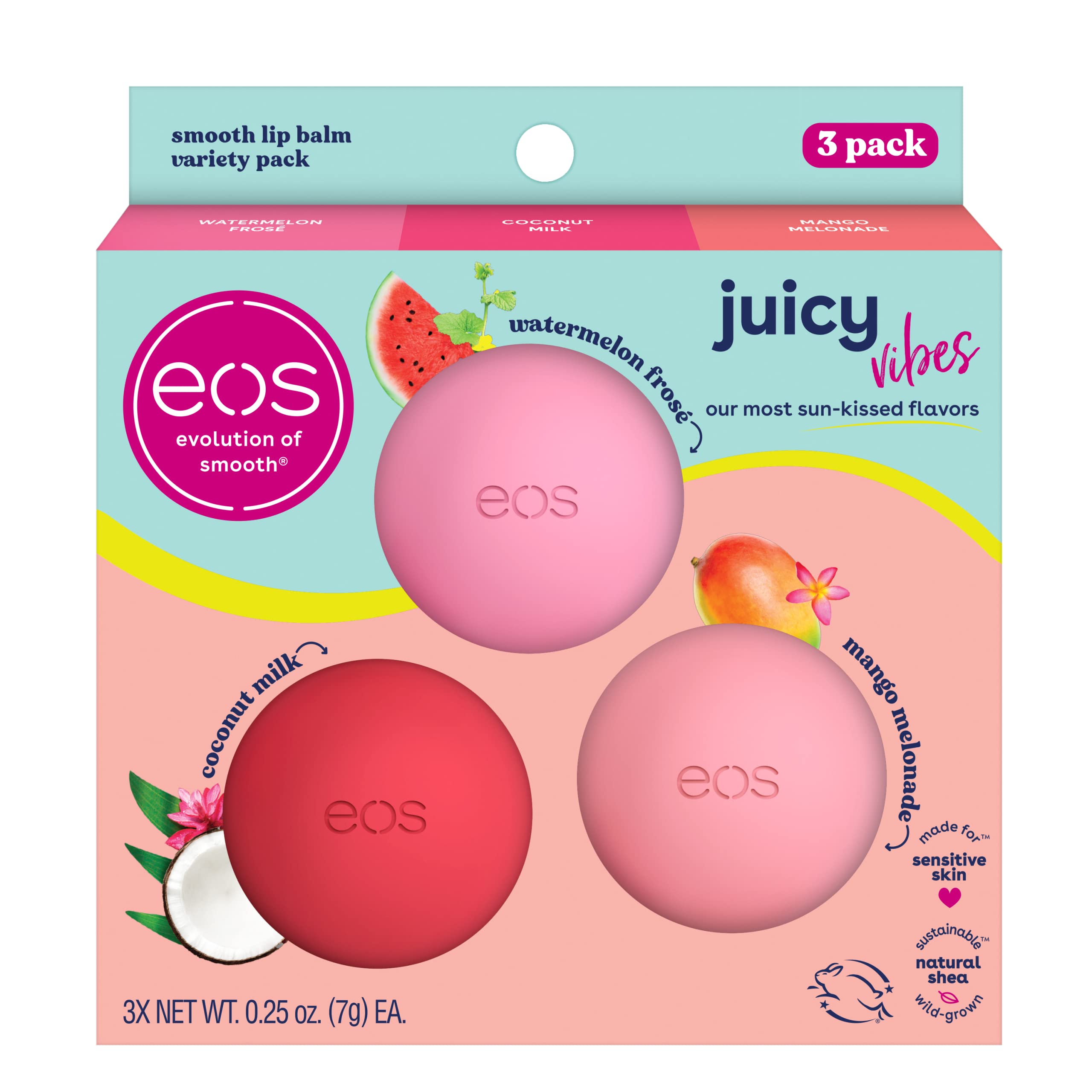 eos Juicy Vibes Lippenbalsem Variatiepakket - Watermeloen Frosé, Mango Melonade & Kokosmelk - Verzorgingsproducten voor de hele dag - Ultalish